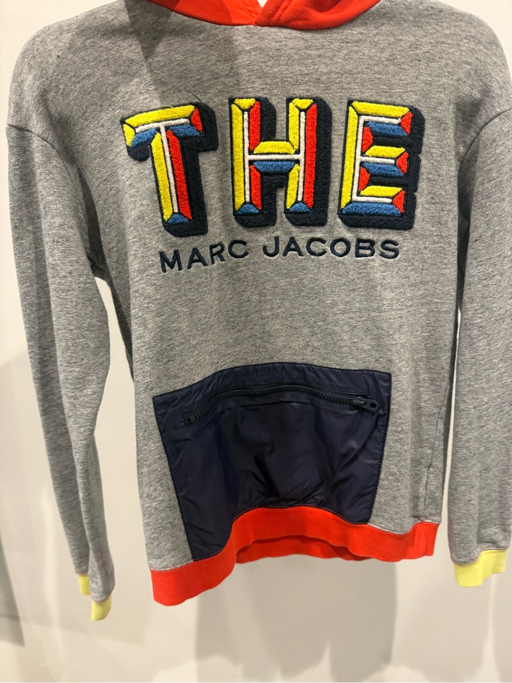 Marc Jacobs Grey Crewneck Sweater with Colorful THE Embroidery and Orange Trim